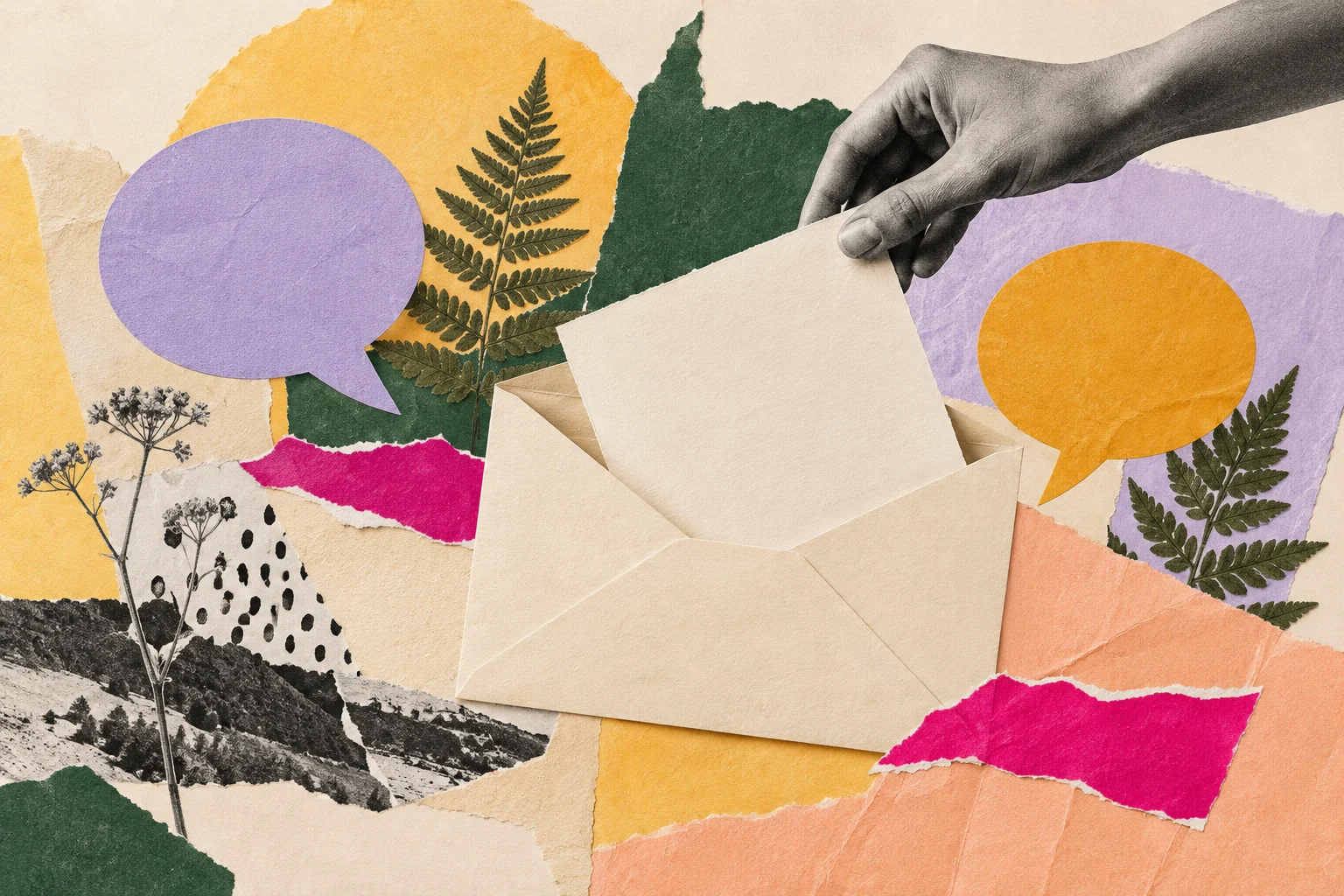 A colorful collage of an envelope, a hand and speech shapes